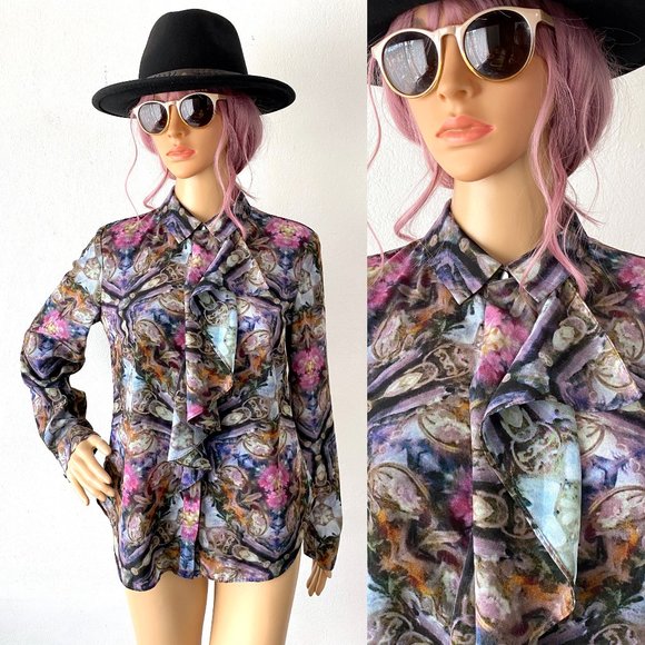 Blouse with Ruffles Jabot Blouse Designer Top RACHEL ROY Artsy Bohemian Unique S - Picture 1 of 10